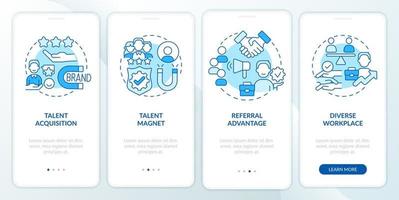 HR branding blue onboarding mobile app screen. Talent engagement walkthrough 4 steps editable graphic instructions with linear concepts. UI, UX, GUI template vector