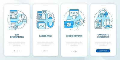 Recruitment blue onboarding mobile app screen. Finding talent walkthrough 4 steps editable graphic instructions with linear concepts. UI, UX, GUI template vector