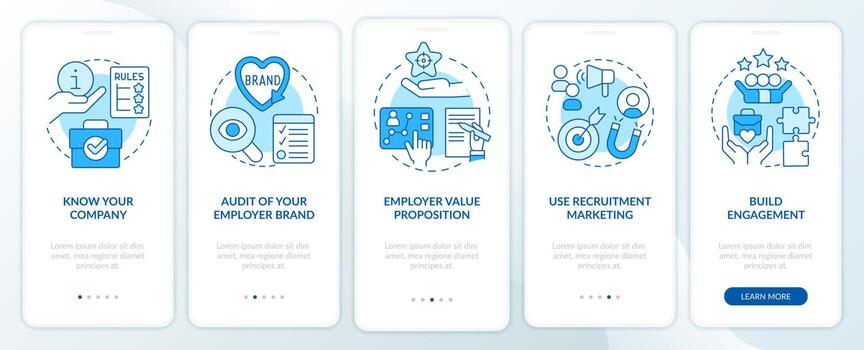 Create employer brand blue onboarding mobile app screen. HR program walkthrough 5 steps editable graphic instructions with linear concepts. UI, UX, GUI template vector