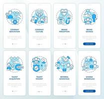 Profits of employer branding blue onboarding mobile app screen set. HR walkthrough 4 steps editable graphic instructions with linear concepts. UI, UX, GUI template vector