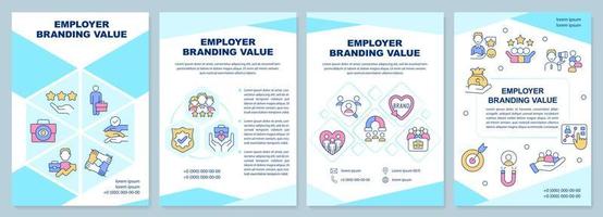 Employer branding value blue brochure template. Happy workers. Leaflet design with linear icons. Editable 4 vector layouts for presentation, annual reports