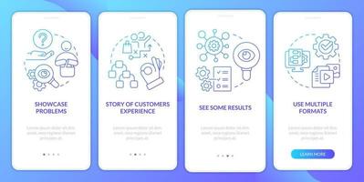 Elements of case study blue gradient onboarding mobile app screen. Structure walkthrough 4 steps graphic instructions with linear concepts. UI, UX, GUI template vector