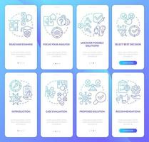 Case study structure and draft blue gradient onboarding mobile app screen set. Walkthrough 4 steps graphic instructions with linear concepts. UI, UX, GUI template vector