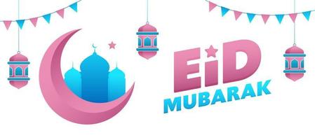 Islamic festival Eid Mubarak banner with pink crescent moon, blue mosque, hanging laterns on white background. vector