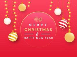 Merry Christmas Happy New Year Text With Xmas Trees, Hanging 3D Baubles And Lighting Garlands Decorated Red Background. vector