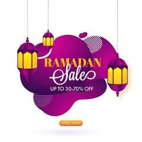 Ramadan Sale Poster Design with Discount Offer and Hanging Illuminated Lanterns on Abstract Background. vector