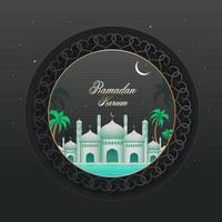 Exquisito ver de un mezquita en creciente luz de la luna noche, y palma arboles en gris floral marco para islámico santo mes de Ramadán kareem concepto. vector