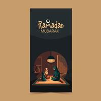 Ramadán Mubarak vertical bandera diseño con musulmán familia comiendo fechas Fruta a hogar y iluminado techo lámpara. vector