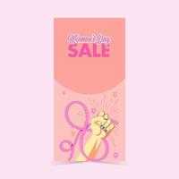 Women's Day Sale Header Or Banner Design With Pop Art Fist Raised Hand With Ribbon Forming 8th Number. vector