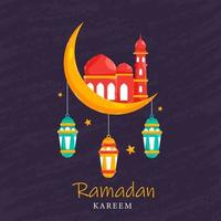 Islamic Holy Month of Ramadan Concept with Hanging Illuminating Lanterns, Mosque on Crescent Moon, and Stars on Purple Background. vector