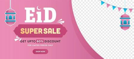 Islamic festival Eid Sale banner with colorful hanging lanterns, bunting flags on pink and white background. vector