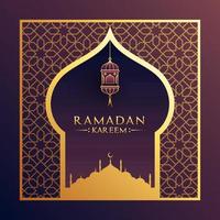 Islamic Holy Month of Ramadan with Golden Mosque, and Hanging Lantern on Arabic Pattern Background. vector