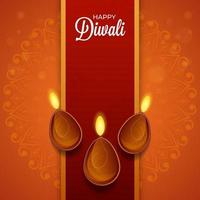 Happy Diwali Font with Top View of Lit Oil Lamps on Dark Red Stripe and Orange Background. vector