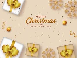 Merry Christmas Happy New Year Text With Top View Realistic Gift Boxes, Baubles And Snowflakes Decorated On Ivory Background. vector