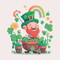 alegre duende hombre personaje en pie en jardín con trébol planta y arco iris para S t patrick's día concepto. vector