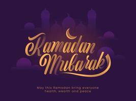 Stylish golden text Ramadan Mubarak, crescent moon, and mosque silhouette on purple background. Islamic holy month of Ramadan Kareem concept. vector