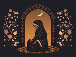 musulmán joven mujer personaje Orando con tasbih en noche en floral antecedentes. islámico religioso concepto. vector