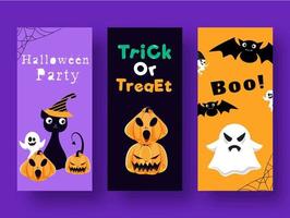 Halloween Party, Trick Or Treat and Boo Template or Flyer Design in Three Color Options. vector
