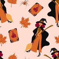 Seamless Halloween Pattern, Character Witch on a Broomstick and Flight Cartoon Ghosts, Tile Holiday Background. Vector. vector