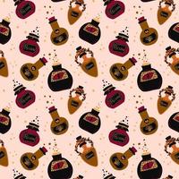 Magic potion bottles vector seamless pattern. Halloween background of glass bottles and flasks with poison or elixir drinks. Witch, wizard or evil magician jars with corks, skulls and claws