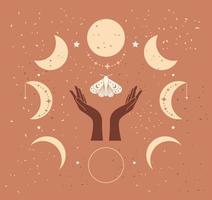 Drawn vector abstract stock flat graphic illustration with exotic logo elements ,human line hand, butterfly, magic moon phase art in simple style for branding ,isolated on beige background