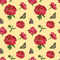 Vector pattern of red peony flowers and butterflies. Seamless pattern on a beige background. Design for wallpaper, fabric, wrapping paper, cover and more.