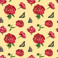 Vector pattern of red peony flowers and butterflies. Seamless pattern on a beige background. Design for wallpaper, fabric, wrapping paper, cover and more.