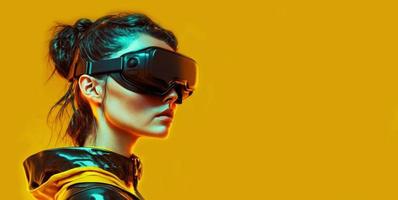 Side view of a young woman put on VR glasses isolated over yellow background photo