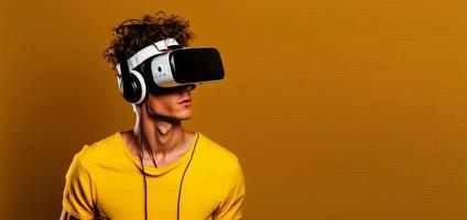 Side view of a young african woman put on VR glasses isolated over yellow background photo