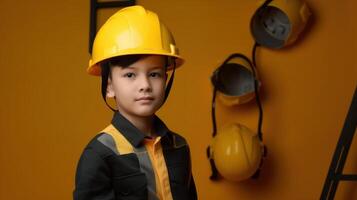 Cute engineer architect kid. Future career concept. . photo