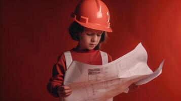 Cute engineer architect kid. Future career concept. . photo