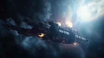 Space Shuttle on space nebula background. Ai generate. photo