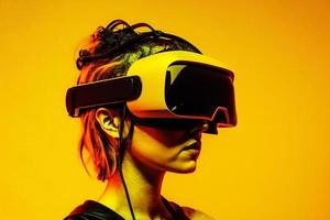 Side view of a young woman put on VR glasses isolated over yellow background photo