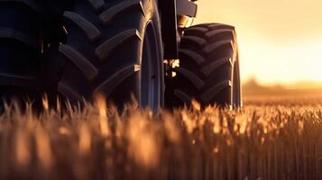 , closeup modern combine harvester on a wheat field, farm landscape, agricultural beautiful countryside. Nature Illustration, photorealistic horizontal banner. photo