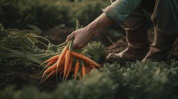 , vegetables in the hands of a farmer in the garden, carrots from the ground, a good harvest of eco products. photo