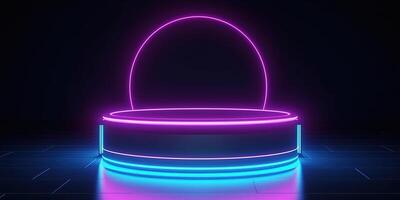 , Sci-Fi Futuristic neon glowing banner with podium. Abstract cyberpunk background for promotion goods. Mockup template photo