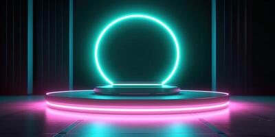 , Sci-Fi Futuristic neon glowing banner with podium. Abstract cyberpunk background for promotion goods. Mockup template photo