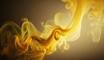 , Flowing light yellow smoke with splashes. Soft fluid banner, spring female mood, 3D effect, modern macro realistic abstract background illustration, ink in water effect. photo