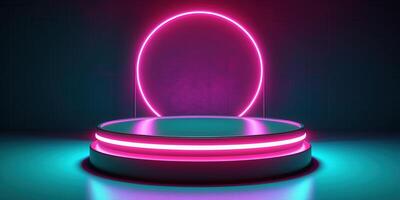 , Sci-Fi Futuristic neon glowing banner with podium. Abstract cyberpunk background for promotion goods. Mockup template photo