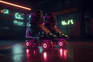 , Roller skate in cyberpunk style, disco nostalgic 80s, 90s. Neon night lights vibrant colors, photorealistic horizontal illustration of the futuristic city. Sport activity concept. photo