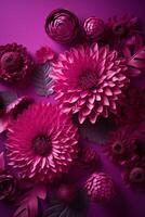 , Paper cut craft flowers and leaves, viva magenta color, floral origami textured vertical background, spring mood. Photorealistic effect. photo