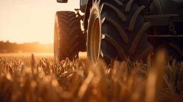 generativo ai, de cerca moderno combinar segador en un trigo campo, granja paisaje, agrícola hermosa campo. naturaleza ilustración, fotorrealista horizontal bandera. foto