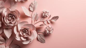 , Paper cut craft flowers and leaves, light pink color, floral origami textured background, spring mood. Photorealistic effect. photo