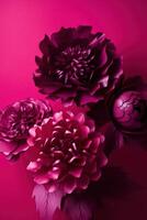 , Paper cut craft flowers and leaves, viva magenta color, floral origami textured vertical background, spring mood. Photorealistic effect. photo