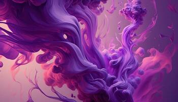 , Flowing lavender violet liquid and smoke with splashes. Bright fluid banner, 3D effect, modern macro realistic abstract background illustration, ink in water effect. photo