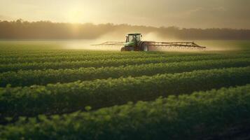 , Tractor spraying a field, Farm landscape, agricultural beautiful countryside, country road. Nature Illustration, photorealistic top view horizontal banner. photo