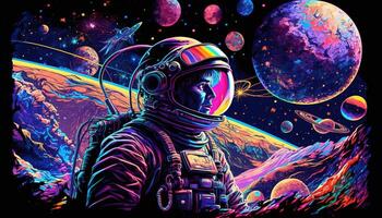 , Psychedelic Space banner template, nostalgic 80s, 90s background. Horizontal illustration of the future landscape with mountains, planets, trees, moon. Surrealist escapism concept. photo