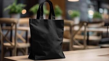 , Realistic black tote canvas fabric bag set-up in at interior or outdoor, shopper mock up blank. photo