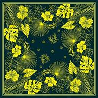 Botanical square pattern with, tropical leaves, flowers, and bumblebees. Vector. vector