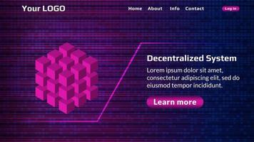 Decentralized service website start page template with digital background. Isometric cube as a symbol of decentralization. Website header layout. EPS10 vector. vector